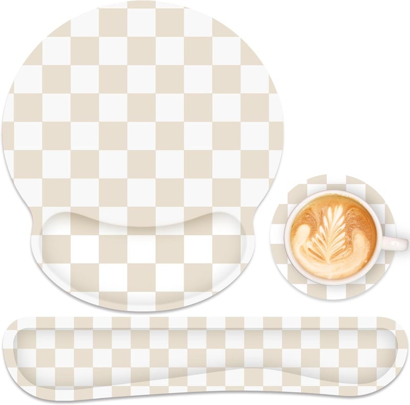 JIGOO Ergonomic Mouse Pad with Wrist Rest and Keyboard Wrist Rest, Mousepad and Keyboard Pad, Non-Slip Rubber Base, Pain Relief, Mouse Pad with Wrist Support for Gaming, Computer, Office, Beige Checkered - Image 1